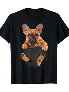 French Bulldog Printed Pocket T-shirt Unisex Gift T-shirt-180g-100% Cotton T-shirt, Unisex Round Neck Tee for Spring/ Summer/ Fall, Casual Short Sleeve Top