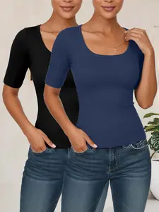 Women's U Neck Short Sleeve Knitwear Set Tops, Basic Casual Elegant Solid Color Design, Perfect Fit All Season Wear, Ideal Gift Choice, Casual Chic Top
