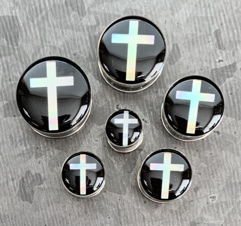 PAIR of Stunning Hologram Cross Screw Fit Surgical Steel Tunnels/Plugs - Only 0g(8mm) Left In Stock!