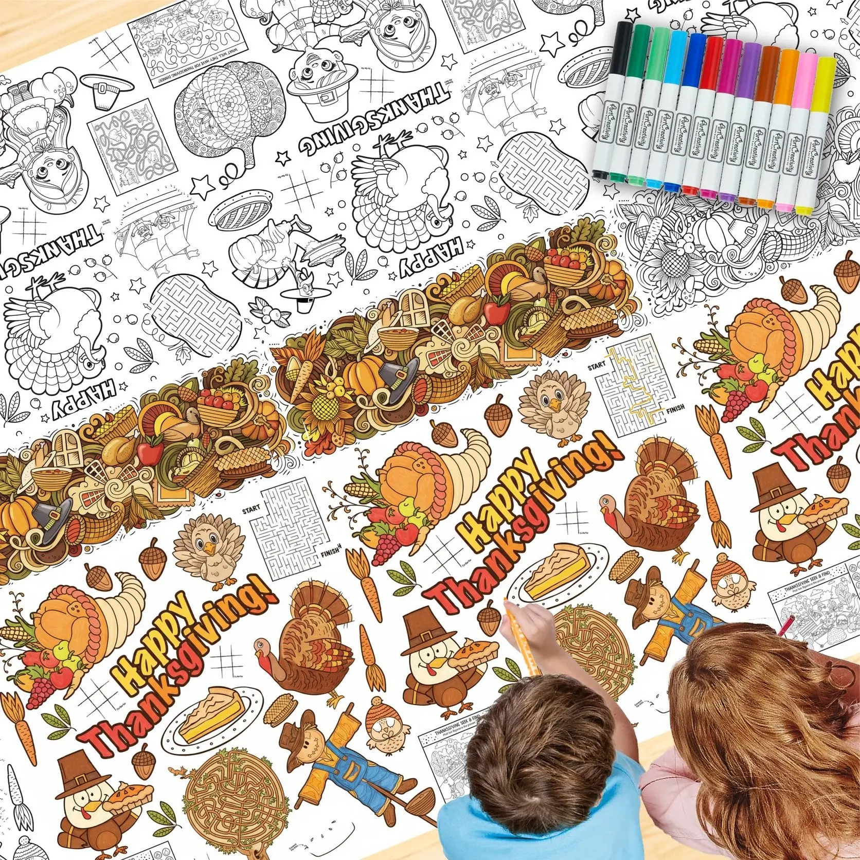 Thanksgiving Kids' Plastic Rectangle Party Tablecloth - Large Size 53x87.5 in, Wipe Clean, 12 Washable Markers, Indoor/Outdoor Table Cover for Outdoor Tables