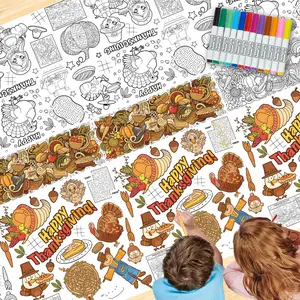 Thanksgiving Coloring Table Cloth for Kids with 12 Washable Markers - Large 53 x 87.5 Inch Coloring Tablecloth