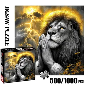 1pc 1000 piece adult puzzle 58x58cm Praying Lion with Thunderstorm and Cross500 pieces paper jigsaw puzzle suitable for DIY creative games for adults and families, birthday and holiday stress relief