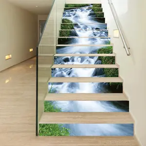 Waterfall Pattern Stair Sticker, 13pcs/set Natural Style Waterproof Self Adhesive Stair Wall Tile Sticker, Decorative Sticker for Home Living Room Bedroom Hotel, Self Adhesive Stickers
