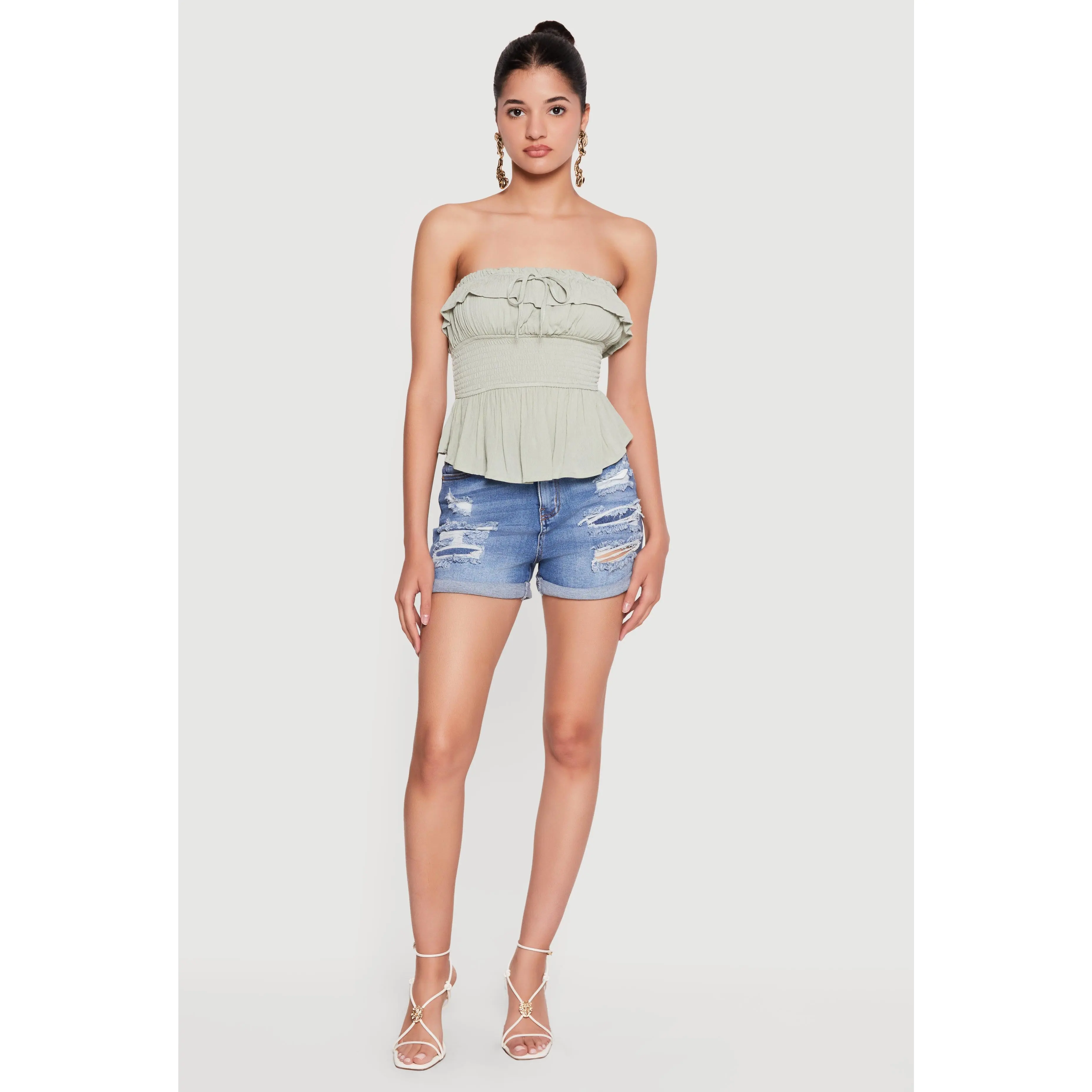 Gauze Knit Fold Over Peplum Tube Top