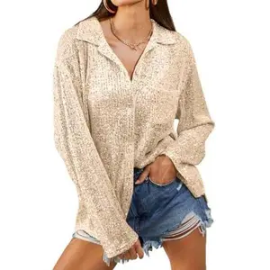 Sequin Button Front Shirt Women’s Dinner Blouse Silver Sequin Tops Sparkly Button Up Shirt Collared Long Sleeve Blouse Delivery time 3-4 day Womenswear Underwear Glitter Womenswear Underwear Lady Longsleeves Lady Longsleeves