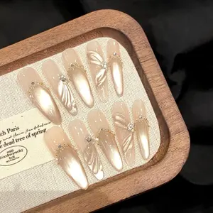 Nail Apparel Hand Made Long Ballet Press on Nails Luxury UV Finish 10 Pcs Set with Various Sizes Medium Pack of 10 Featuring Rhinestone Pearls Reusable Press on Medium Length Non Toxic Odorless Acrylic False Nails