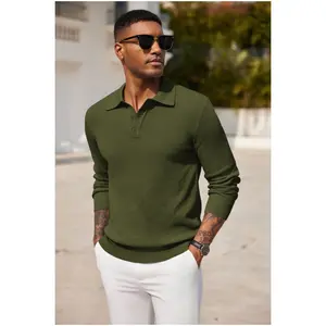 COOFANDY Mens Knit Polo Shirts Long Sleeve Casual Polo Sweaters Shirt Waffle Textured Collared Sweater