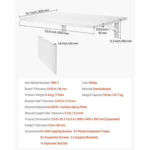 VEVOR Wall Mounted Folding Table, 23.6x 15.7 inches Wall Mount Table, Floating Desk with Iron Bracket, Fold Down Desk for Small Spaces, Home Office, Dining, Laundry Room, Kitchen, Bar, White
