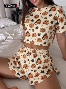 Halloween Pajama Set, Soft & Breathable, Loose Fit, Striped Pattern, Long Sleeve Top, High-Slit Shorts, Casual Home Wear, Loungewear, Multi-Scene, Pyjamas