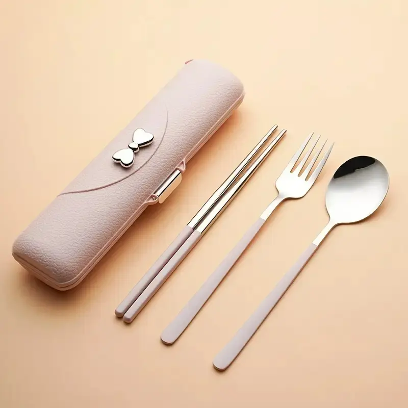 Bow Portable Cutlery Set, 3-Piece Stainless Steel, Plastic Handle, Includes Spoon, Fork, Chopsticks, Storage Box, Travel Cutlery Set, Tableware