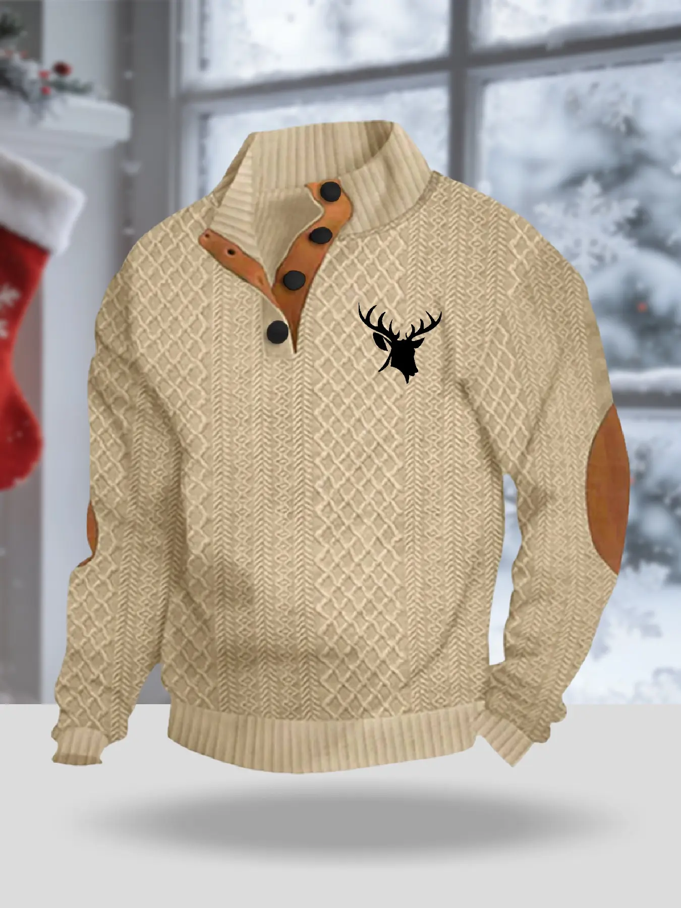 Men's Autumn Winter Vintage Plaid Deer Head Print Stand Collar Knit Sweater, Thick Warm Fabric, Loose Fit, Casual Style