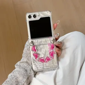 Korean Cute Pink Letter Feather Yarn Phone Case with Heart Bracelet for Samsung Galaxy Z Flip 7 6 Z Flip6 ZFlip 5 Zflip6 Cover