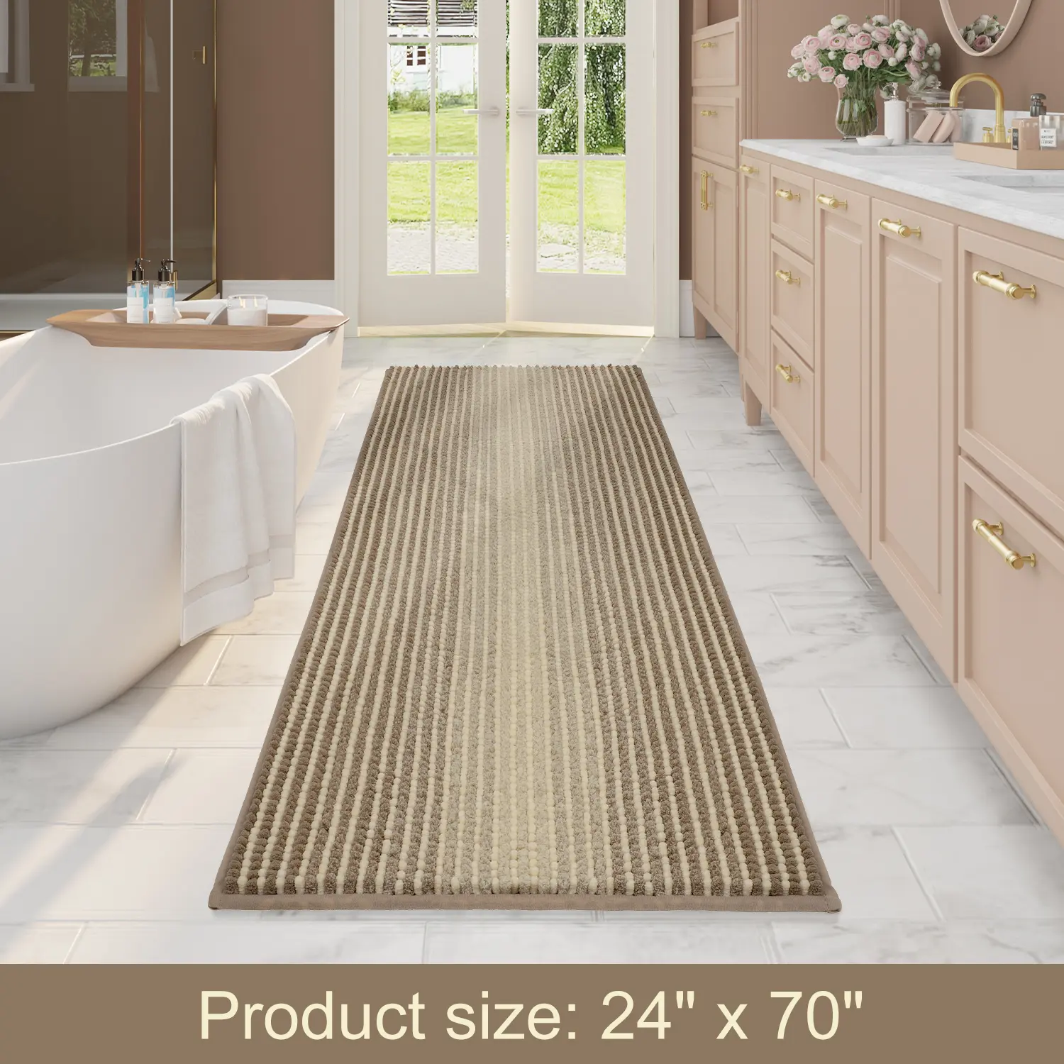 Large Bathroom Rugs, Bath Mat Rug for Bathroom Non Slip 24 x 70 Inches Water Absorbent Chenille Bathroom Runner Rugs Floor Mats Machine Washable (Light Taupe and Cream)