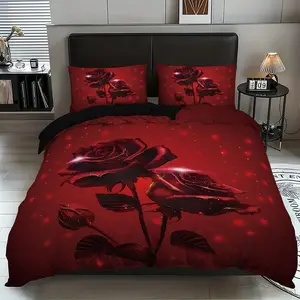 Romantic Proposal 3-Piece Bedding Set, Rose Print, Soft Comfortable Sheets, Queen Size, Bedroom Decor, All Seasons Use