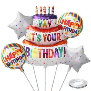 5-Piece Colorful Foil Birthday Balloon Set with Cake, Star & Round Shapes for All Ages