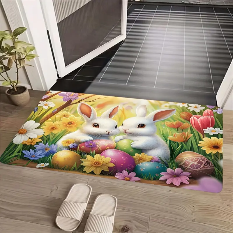 1pc Cartoon Easter Bunny and Easter Eggs Pattern Door Mat | Polyester, Machine Washable, Non-slip, Rectangle Shape for Home Holiday Decor, Kitchen and Entrance Welcome Mat