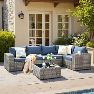 【Summer Vibes】Ovios 6-Piece Outdoor Patio Furniture Set, All-Weather Wicker Modular Sectional Conversation Set with Deep Seat Cushions & Coffee Table for Backyard, Patio, Porch, Deck & Garden, Denim Blue