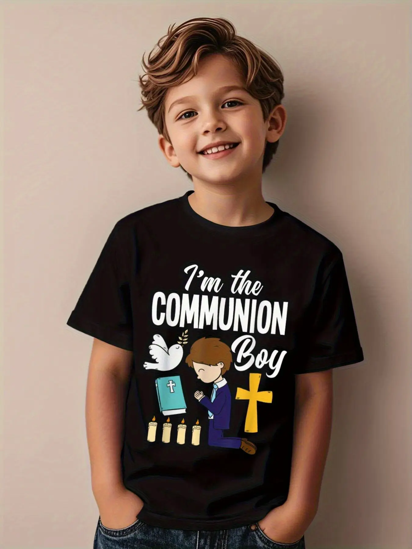 Boys' "I'm the Communion Boy" First Communion T-Shirt, Religious Celebration Cotton Tee, Black Casual Top