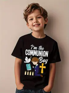 Boys' "I'm the Communion Boy" First Communion T-Shirt, Religious Celebration Cotton Tee, Black Casual Top