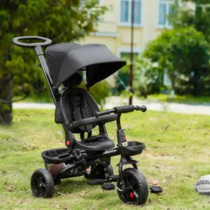 Qaba Kids 4 in 1 Trike with Reversible Seat,2.8'-3.1' Height adjustable Push Handle, Safety Belt, Storage | Sturdy & Durable | for 1-5 Years Old