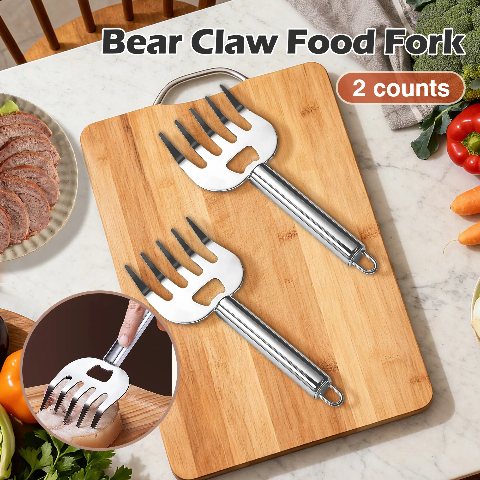 2-Count Stainless Steel Bear Paw Food Forks, Secure Grip Handle Utensils for High-Temp Meat Handling