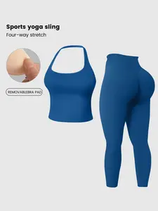 Women's Plain Sporty Suit, Workout Sets, Halter Backless Sports Bra & High-Waisted Tight Pants, Ideal for Gym, Yoga, Outdoor Activities