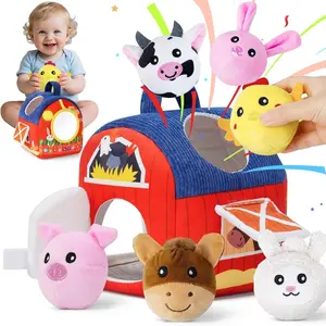 Baby Toys 6-12 Months | 11-Piece Surprise Barn Toy with Stuffed Farm Animals, Rattles, Soft Crinkle Paper, Mirror, Montessori Sensory Toys for 1 2 3 Year Old Boys, Toddler Birthday Gift
