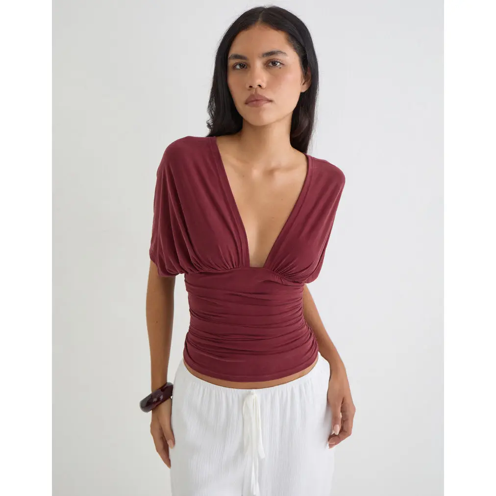 Vernia Plunge Batwing Top in Cupro Burgundy