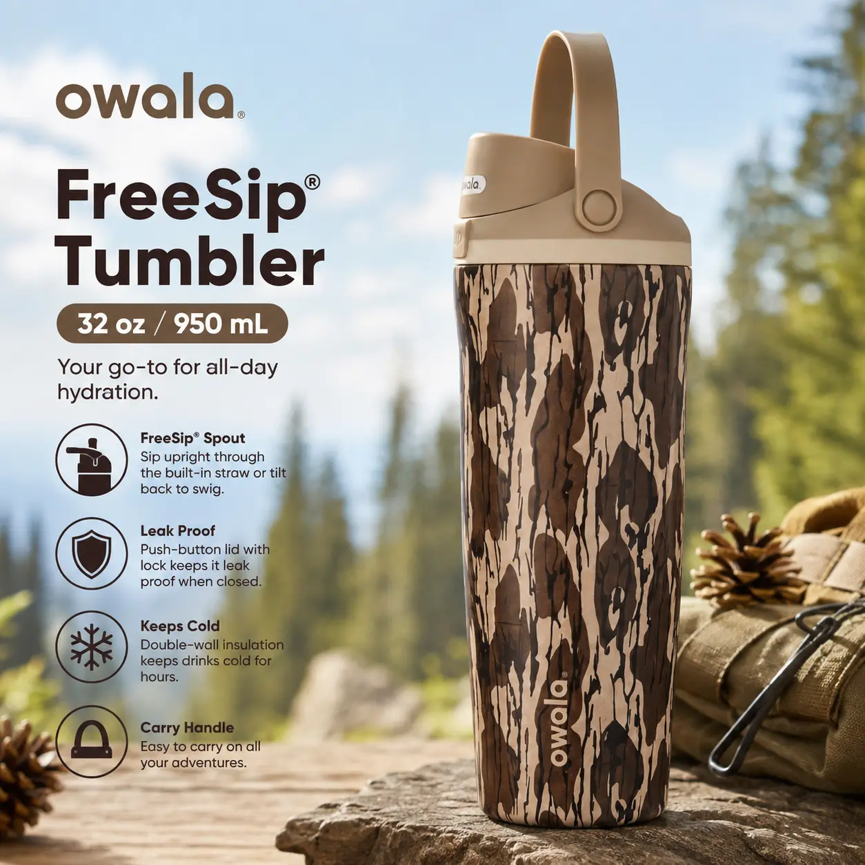 Owala FreeSip 32oz Brown Camo Water Bottle – Insulated Stainless Steel Tumbler for Hunting, Camping & Adventure Drinkware Flasks