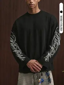 Men's Round Neck Long Sleeve Letter Top, Casual Letters Print, Casual Streetwear, Casual Street Style, Comfortable and Stylish, Perfect for Outdoor Activities