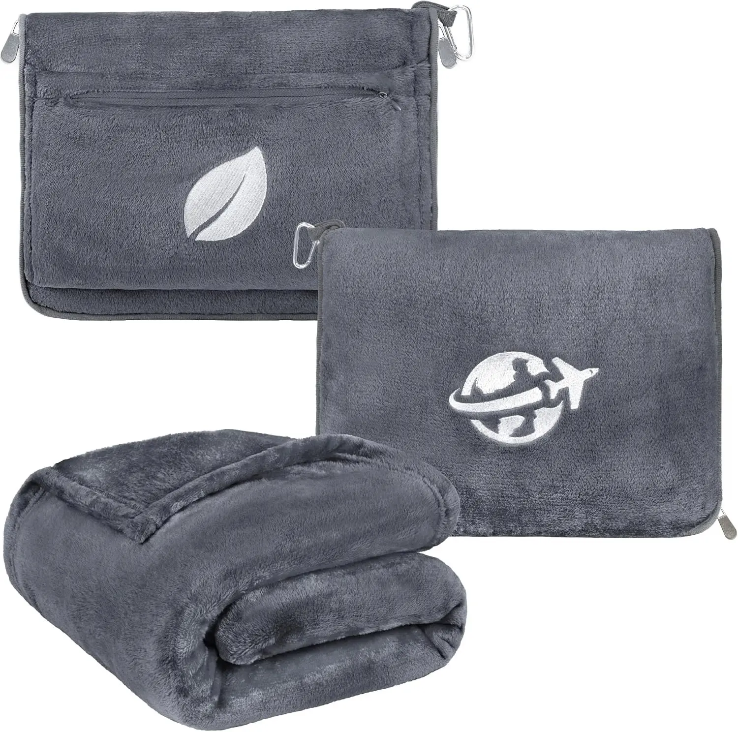 Travel Blanket and Pillow, Arms Opening Airplane Blankets for Adults, Compact Plane Blanket with Arm Hole 2-in-1 Bag for Flight  Camping Fit in Luggage Backpack Traveler , Dark Gray