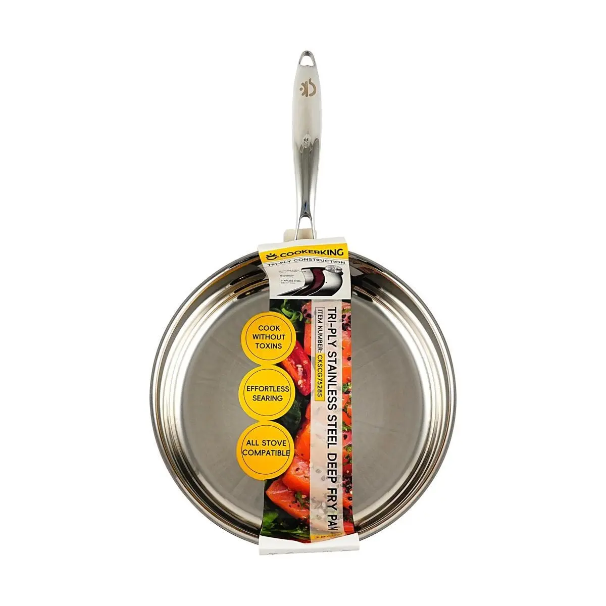 COOKER KING 28cm Deep Sauté Pan with Lid - 3-Ply Stainless Steel, Induction & Gas Stove Compatible, Non-Stick Stir Fry Wok