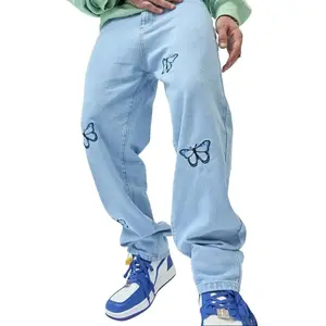 Butterfly Print Mens Loose Jeans Trendy Denim Fashion Menswear Casual Comfy Washed Pants For Daily Wear Comfortable Embroidery Streetwear