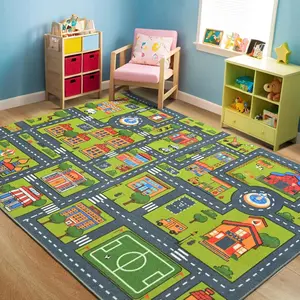 4x6 Car Area Rug, Grey Green Area Rugs for Living Room Playroom Classroom Bedroom, Non Slip Play mat, Washable Rug, Educational City Traffic Road Map Fun Car Carpet for Ages 3-12
