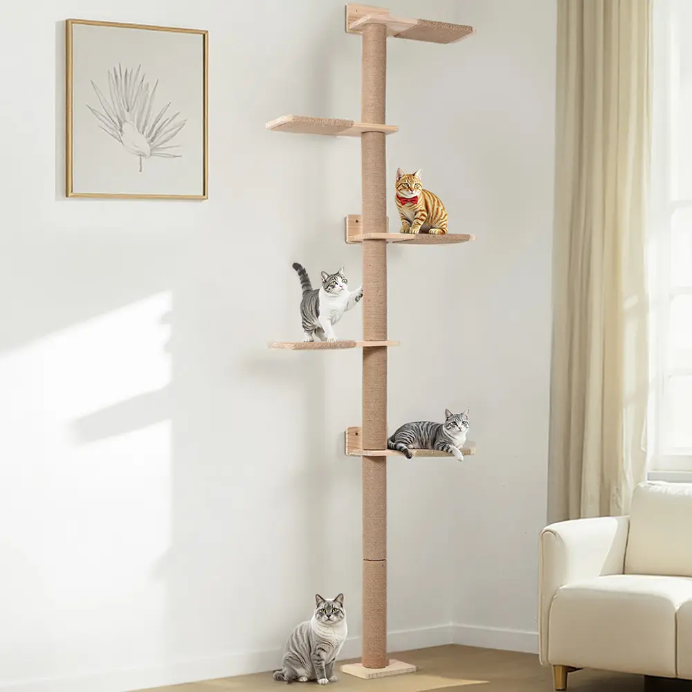 5-Tier Floor-To-Ceiling Wall-Mounted Cat Tree - Natural Sisal Scratcher, Vertical Scratcher, 5-Tier Scratch Zones, Wild Simulation Shelves, Ample Space, Space-Saving, Modern Home Fit (dealsforyou, summerwins, restock, dealsforyoudays, DFYD)