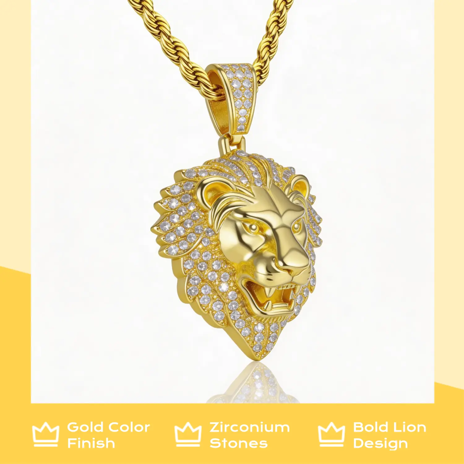 Youth Hip-hop Style Gold-plated Brass Lion Pendant, Artificial Zircon Inlaid Artificial Gemstone Necklace