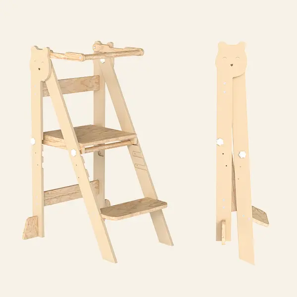 FOOWIN Foldable Kitchen Step Stool for Kids - Pine Plywood Children's Standing Tower with 3 Adjustable Heights, Non-Slip Pads, Guard Rails, Suitable for 1.5-6 Year Olds