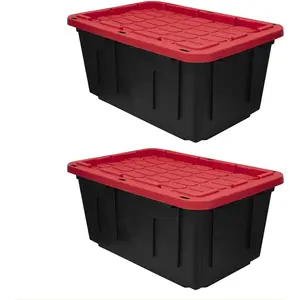 27 Gal Industrial Tote, 2 Pack Large Tough Plastic Storage Bins with Lids, Black with Red Lid, Stackable & Nestable for Garage Basement or Outdoor
