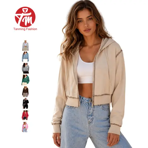 Tanming Womens Exposed Seams Cropped Hoodie  Zip Up Jacket with Pockets Spring Fall Winter Outdoor Travel Streetwear Casual Daily Activewear