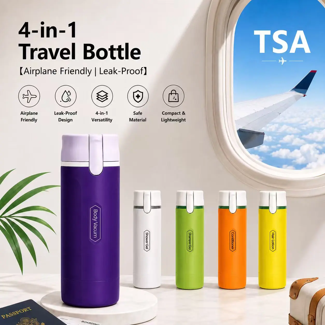 【FREE BODY WASH INCLUDED】2-Pack 4-in-1 Travel Dispenser Bottles, TSA-Compliant Leakproof Refillable Travel Containers for Shampoo, Conditioner and Lotion, Compact Cosmetic Storage Set