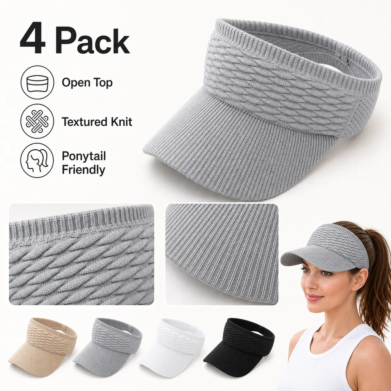 4 Pack Women's Knit Visor Hats, Open Top Ponytail Friendly Sun Visors, Textured Ribbed Brim, Neutral Colors