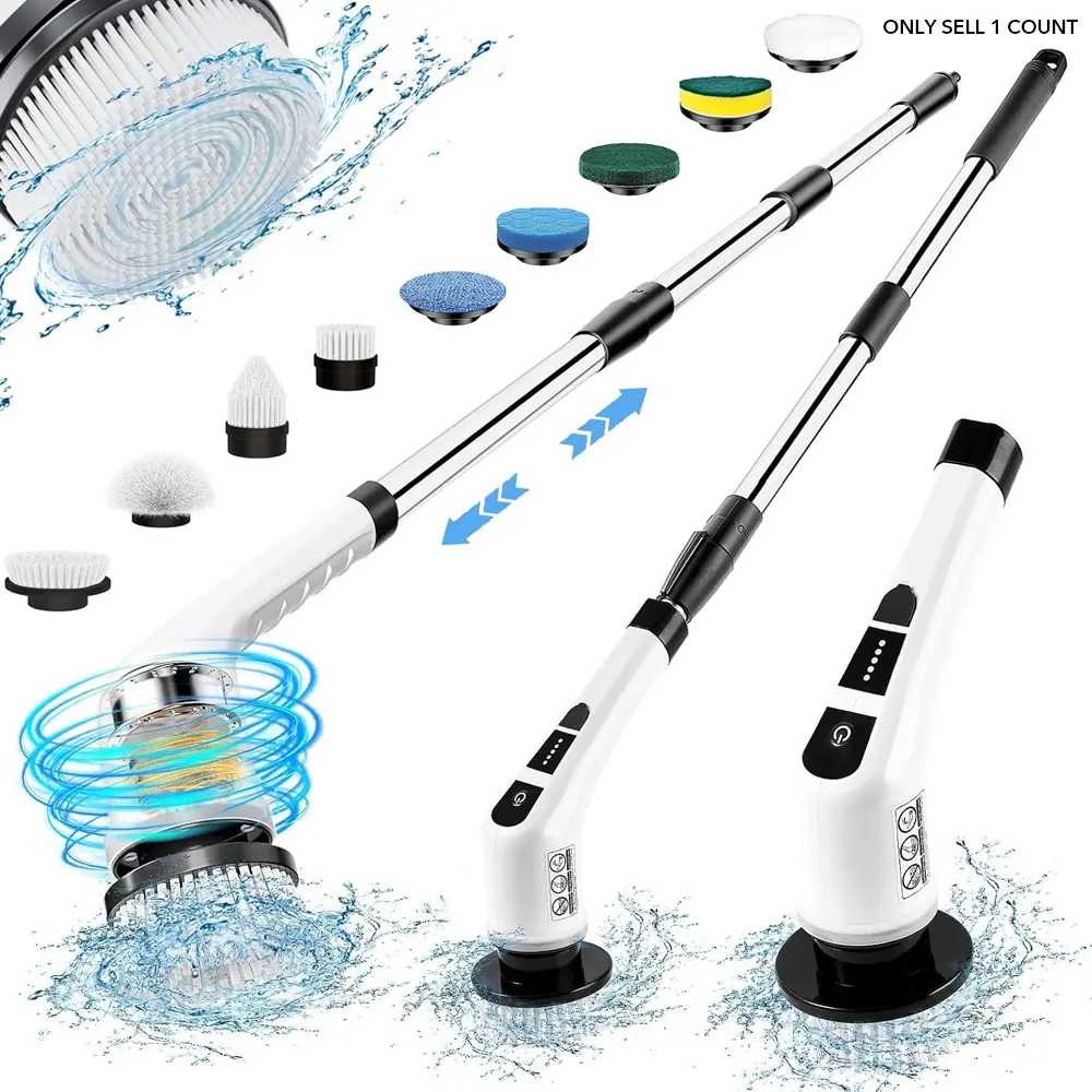 Electric Rechargeable Spin Scrubber, Cordless Power Scrubber, 9-in-1 Shower Scrubber with Adjustable Handle, Cordless Electric Cleaning Brush Set with 2 Speeds, for Bathroom, Toilet, Bathtub, Kitchen, Tile Floors