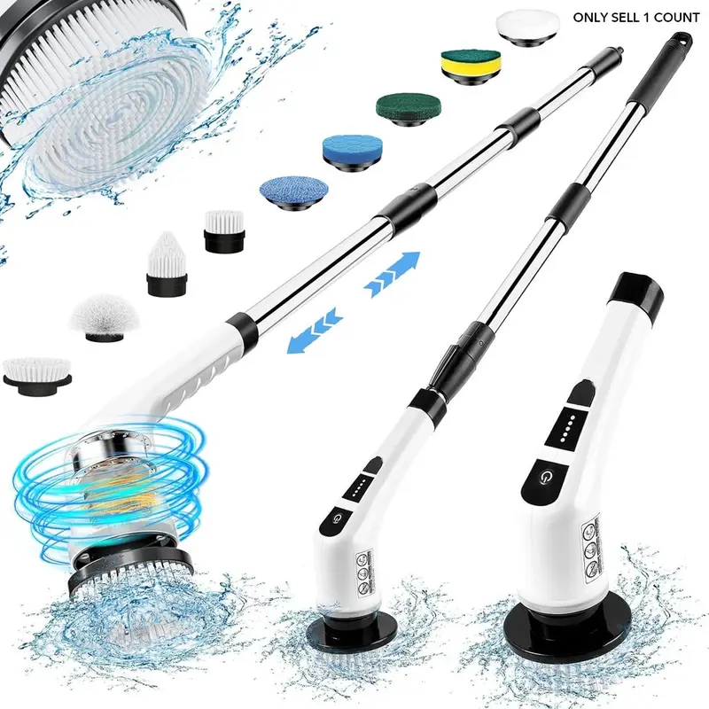 Rechargeable Cordless Electric Spin Scrubber, 9-in-1 Multifunction Cleaning Brush Kit with Adjustable Extension Handle, 2 Speeds for Bathroom, Toilet, Bathtub & Kitchen