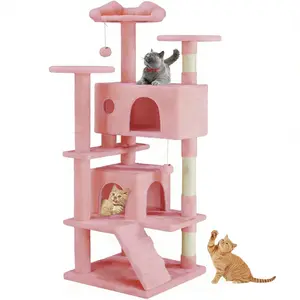 54" Cat Tree for Multiple Cats - Large Cat Condo with 2 Cozy Apartments, Sisal Scratching Posts, Plush Perches & Hanging Toys, Stable Multi-Level Tower for Indoor Cats