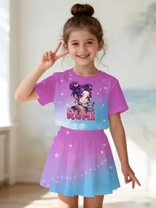 Girls' Summer Casual, Cartoon Anime 3D Print, Fashion Round Neck Short Sleeve Top + Skirt, Comfortable Summer Clothes for Kids