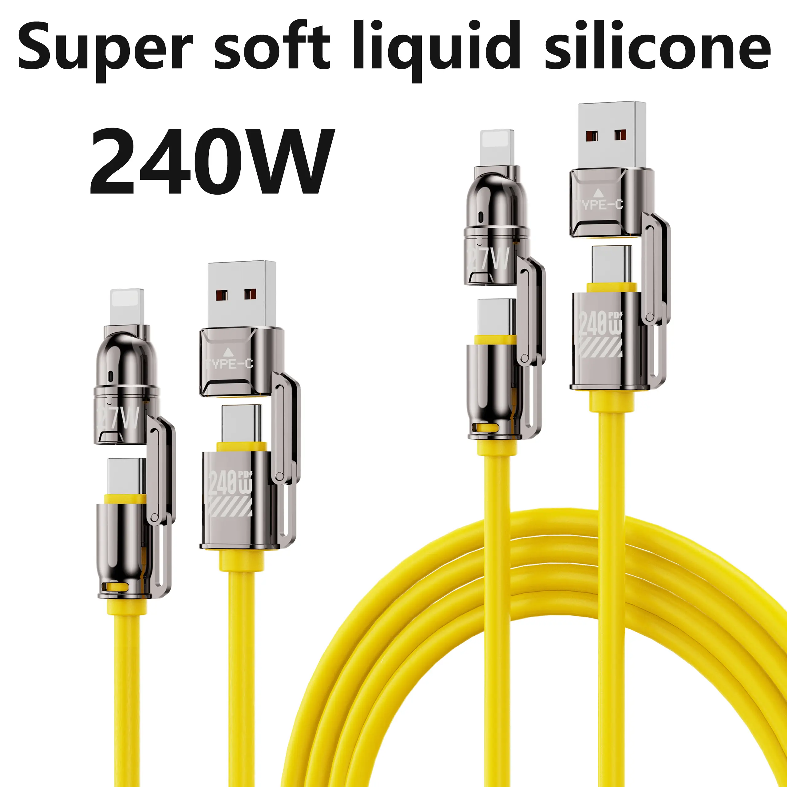 Super soft liquid silicone durable data cable 240W Fast Charger Set, Fast Charging Adapter with 3.9FT 4-in-1 USB A+Type C Lightning Data Sync Cable For PhonesTablets and Computers Aluminium Alloy Port Android Digital Metal Protection