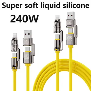Super soft liquid silicone durable data cable 240W Fast Charger Set, Fast Charging Adapter with 3.9FT 4-in-1 USB A+Type C Lightning Data Sync Cable For PhonesTablets and Computers Aluminium Alloy Port Android Digital Metal Protection