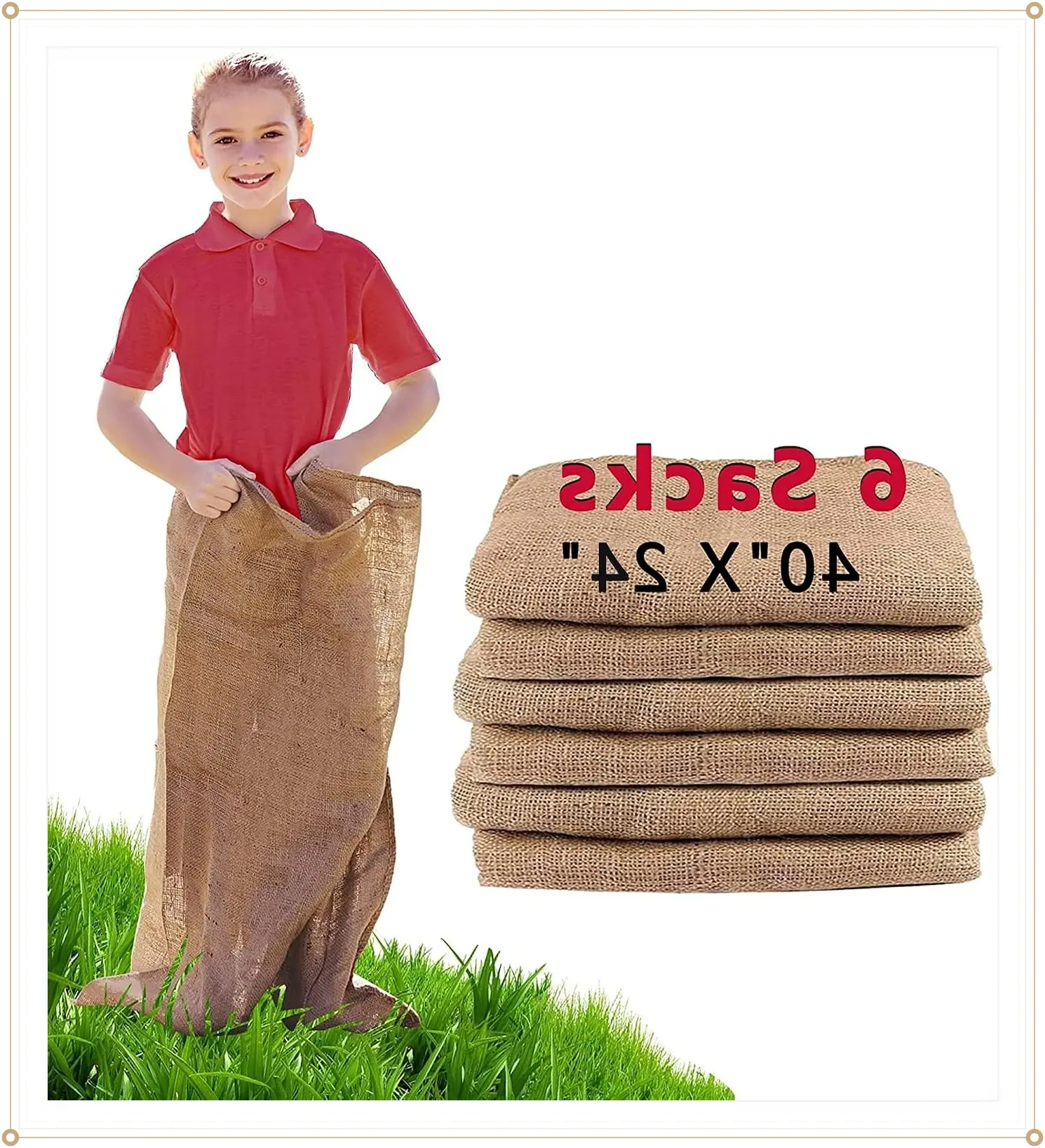 6 Pack Burlap Potato Sack Race Bags, 24"x40" Outdoor Lawn Games for Kids & Adults, Outside Yard Games for Birthday Party, Field Day Family Reunion, Carnival, Easter, Halloween, 4th of JulyGift