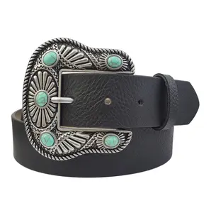 Western-Inspired Buckle Belt with Turquoise Stones and Silver Buckle Black Leather Belt