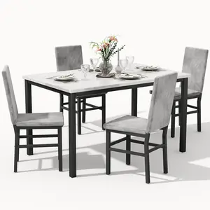 Dining Table Set for 4, 5-Piece Faux Marble Dining Set,4 Upholstered PU Chairs, Modern Kitchen Table Furniture for Dining Room,Compact Space-Saving Faux Marble Tabletop (White + Grey)